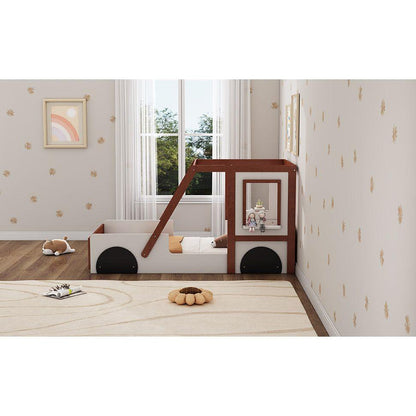 Fun Play Design Twin Size Car Bed, Kids Platform Bed in Car-Shaped for Kids Boys Girls Teens,White+ Orange