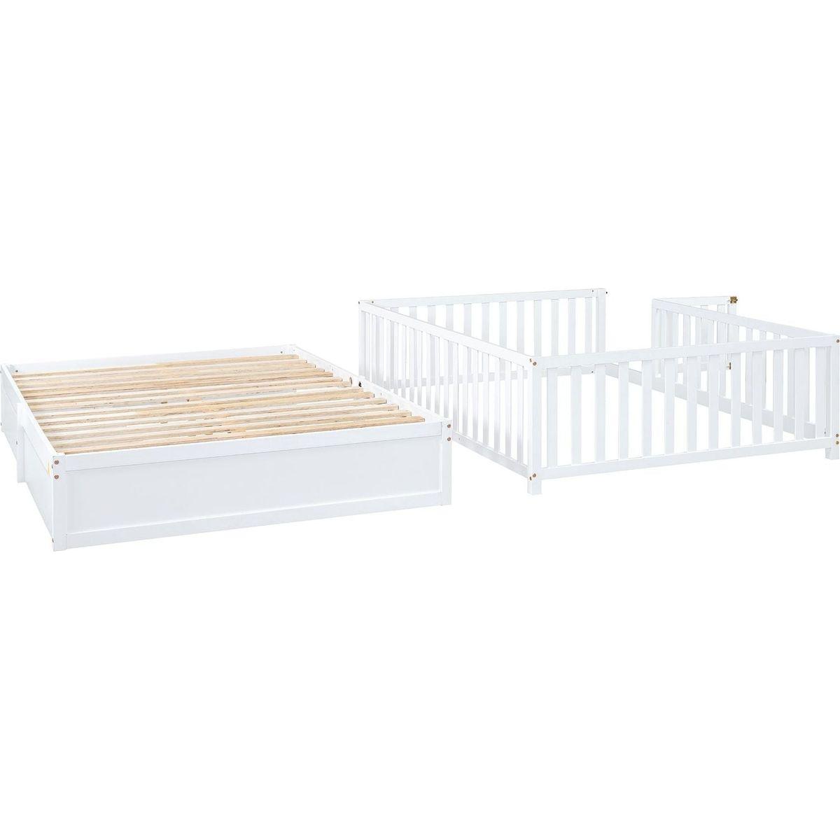 Full Size Wood Daybed with Fence Guardrails and 2 Drawers, Split into Independent Floor Bed & Daybed, White