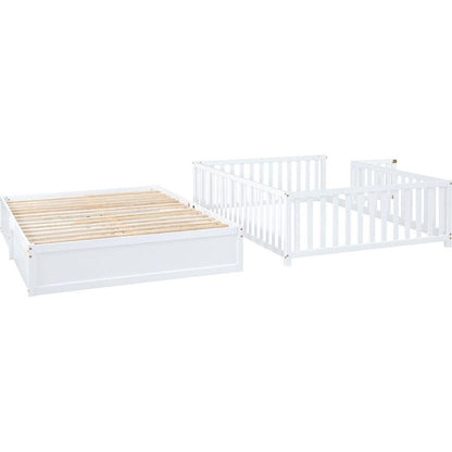 Full Size Wood Daybed with Fence Guardrails and 2 Drawers, Split into Independent Floor Bed & Daybed, White