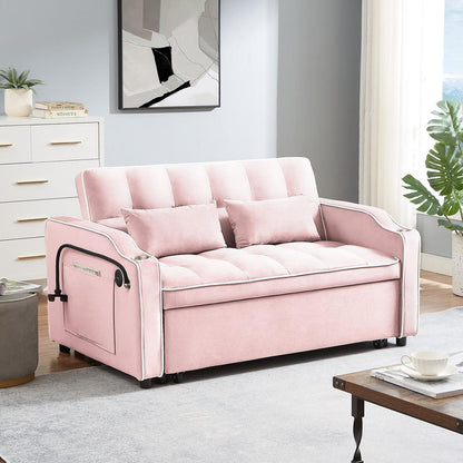 1 versatile foldable sofa bed in 3 lengths, modern sofa sofa sofa velvet pull-out bed, adjustable back and with USB port and ashtray and swivel phone stand (pink)