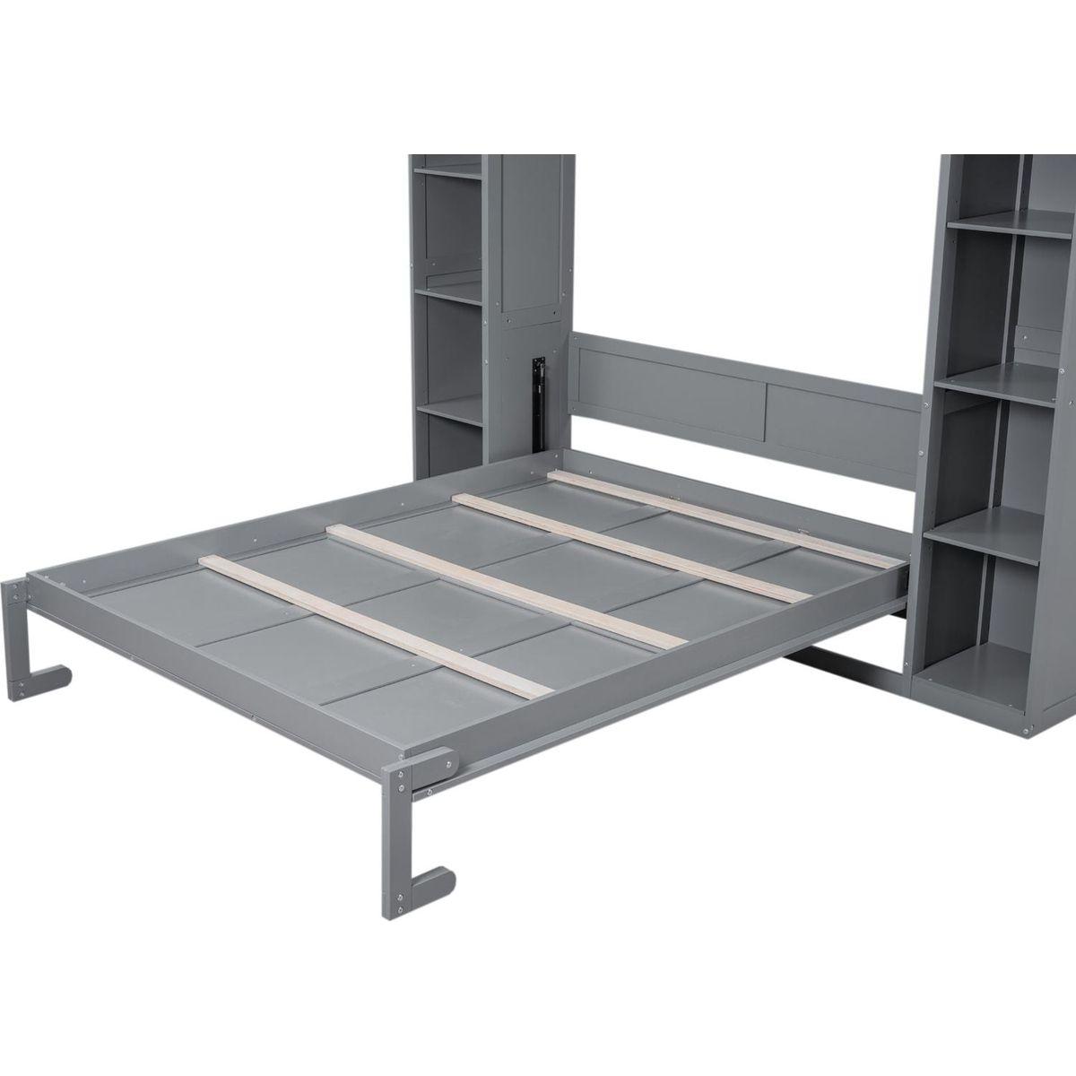 Queen Size Murphy Bed Wall Bed with Shelves and LED Lights,Gray