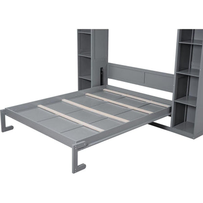 Queen Size Murphy Bed Wall Bed with Shelves and LED Lights,Gray