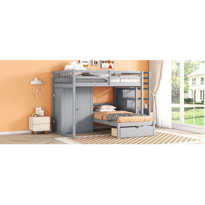 Full Over Twin Bunk Bed with Wardrobe, Drawers, Gray