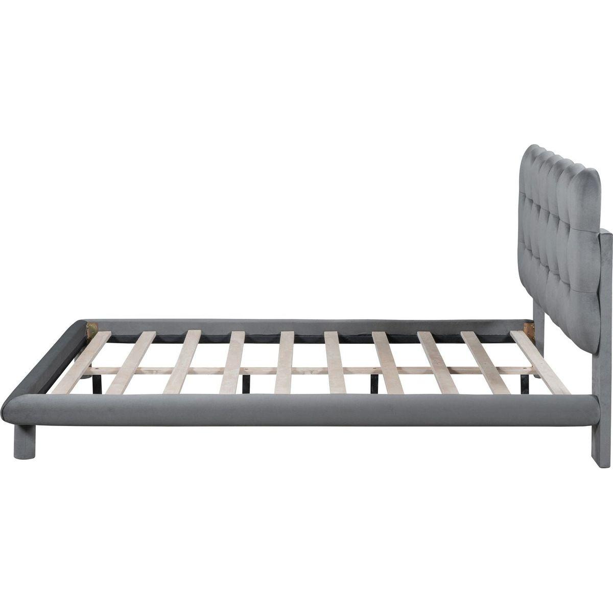 Full Size Velvet Platform Bed with LED Frame, Thick & Soft Fabric and Button-tufted Design Headboard, Gray