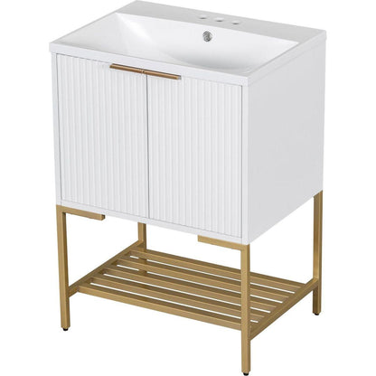 24" Bathroom Vanity with Sink, Bathroom Vanity Cabinet with Two Doors and Gold Metal Frame, Open Storage Shelf, White