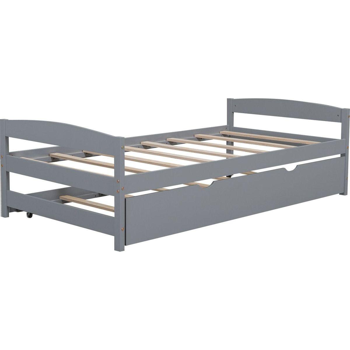 Twin Size Platform Bed with Twin Size Trundle, Gray
