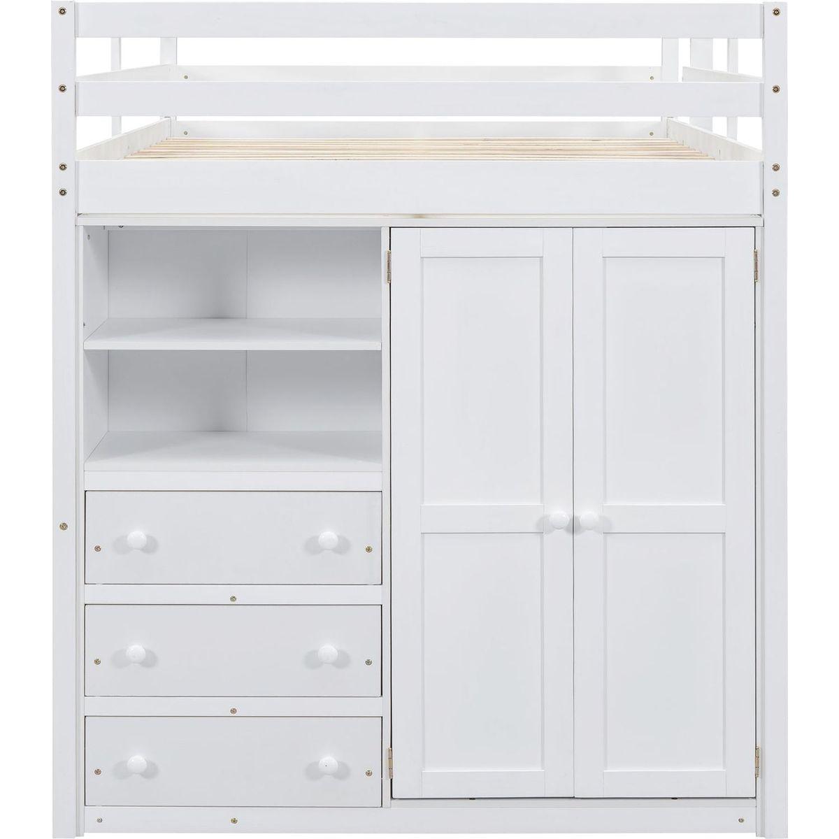 Wood Full Size Loft Bed with Built-in Wardrobe, Desk, Storage Shelves and Drawers, White