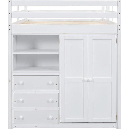 Wood Full Size Loft Bed with Built-in Wardrobe, Desk, Storage Shelves and Drawers, White