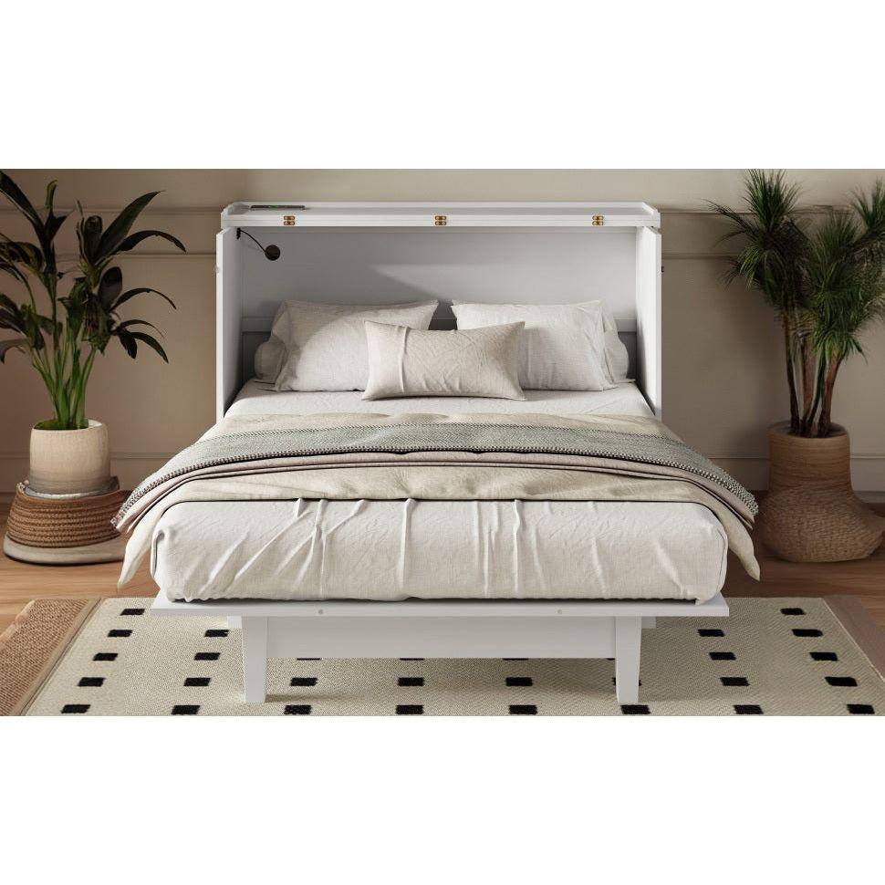 Solid Pine Murphy Bed Chest Cube Cabinet Bed with Charging Station and Large Storage Drawer for Home Office or Small Room,Full,White