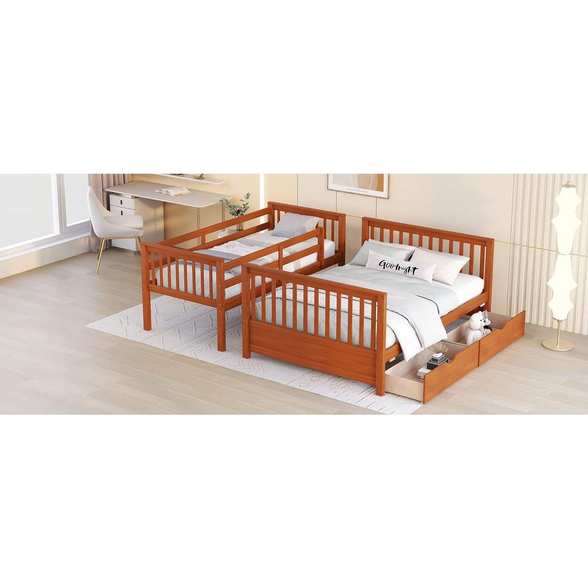 Twin-Over-Full Bunk Bed with Ladders and Two Storage Drawers (Walnut) { o