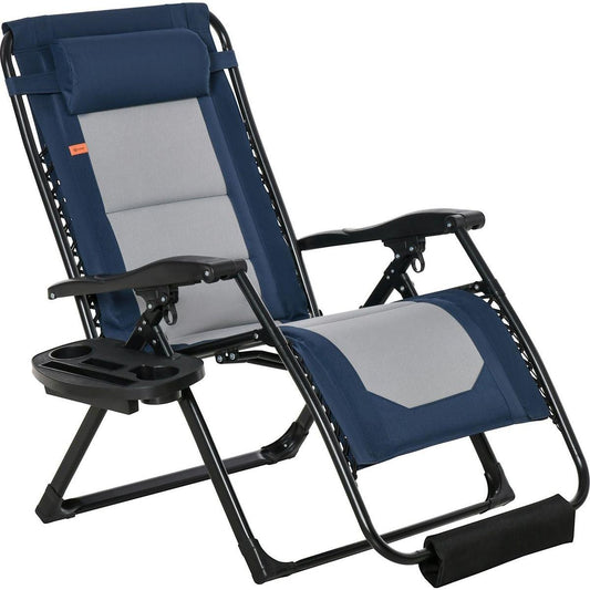 Foldable Outdoor Lounge Chair with Footrest, Oversized Padded Zero Gravity Lounge Chair with Headrest, Side Tray, Cup Holders, Armrests for Camping, Lawn, Garden, Blue