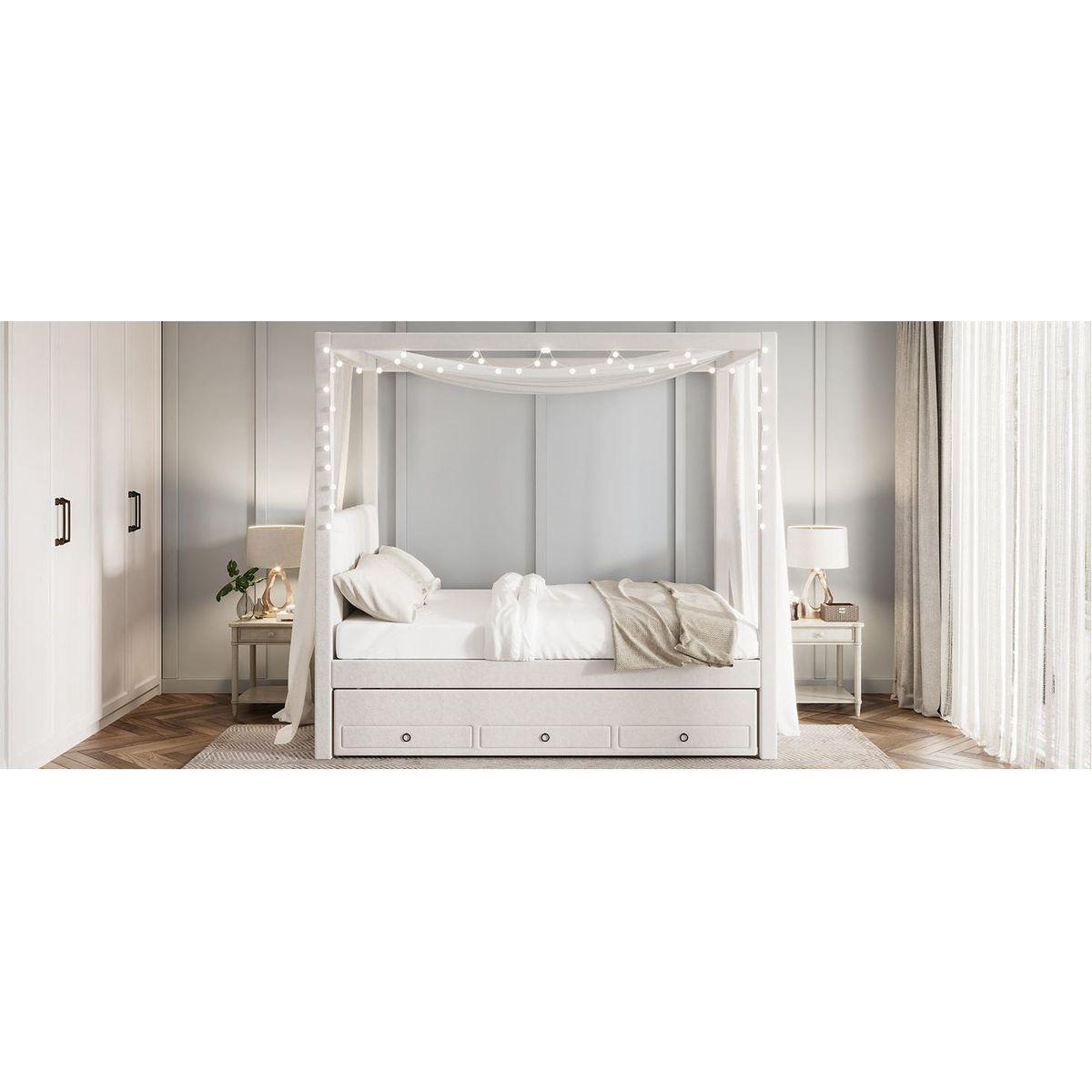 Full Size Upholstery Canopy Platform Bed with Trundle and Three Storage Drawers, Beige - Streamdale Furniture