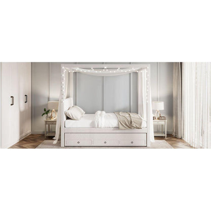 Full Size Upholstery Canopy Platform Bed with Trundle and Three Storage Drawers, Beige - Streamdale Furniture