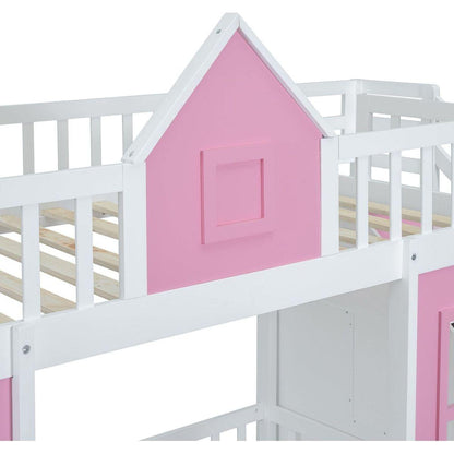 Twin-Over-Twin Bunk Bed with Changeable Table, Bunk Bed Turn into Upper Bed and Down Desk -Pink