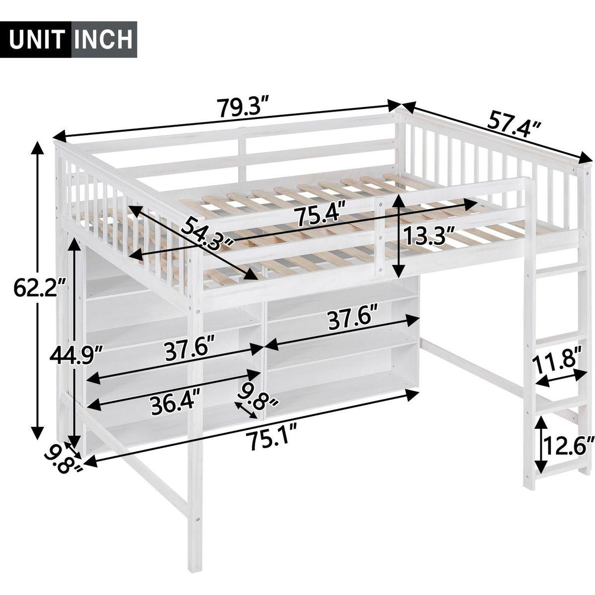 Full Size Loft Bed with 8 Open Storage Shelves and Built-in Ladder, White