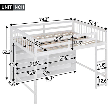 Full Size Loft Bed with 8 Open Storage Shelves and Built-in Ladder, White