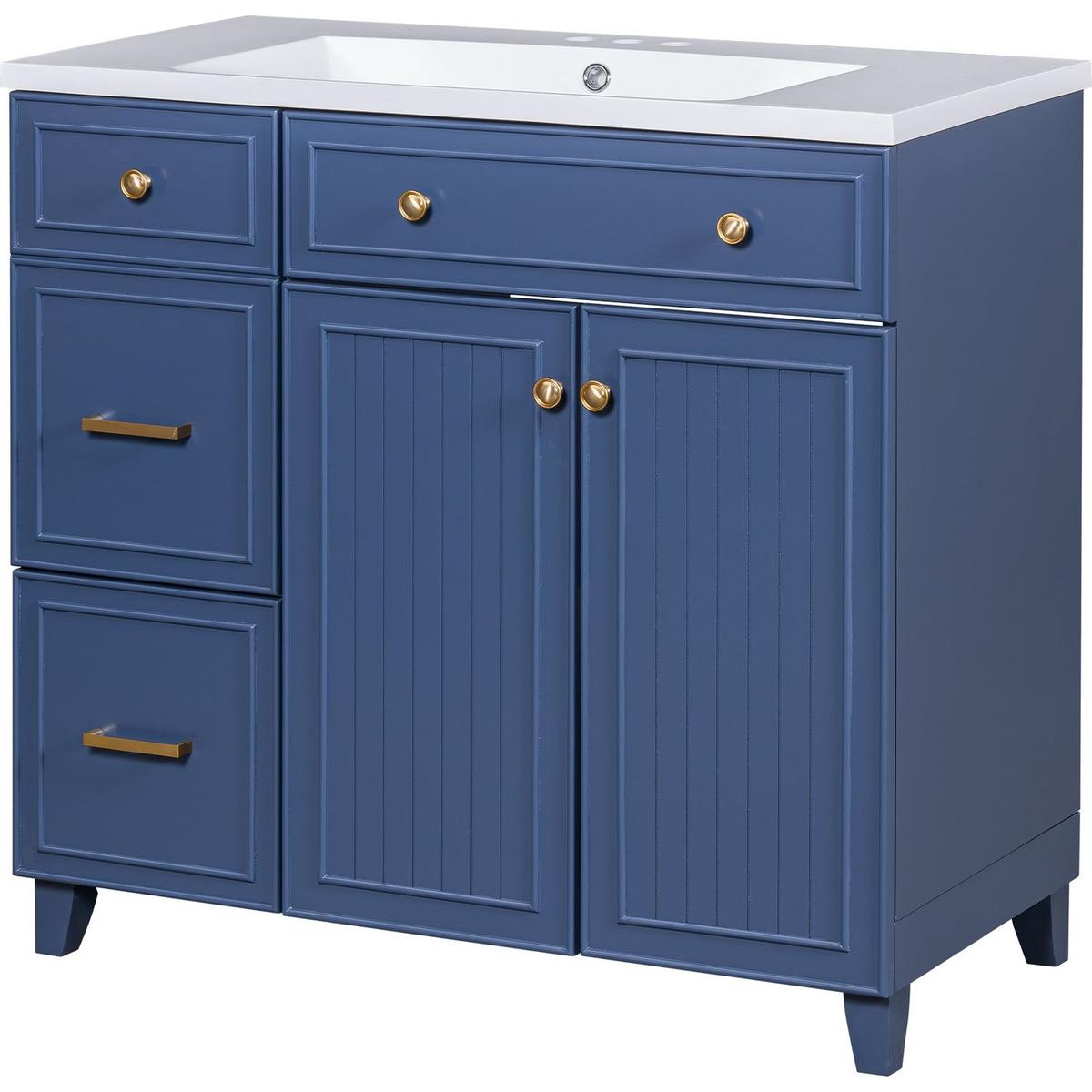 36-inch Bathroom Vanity, Transitional Style Bathroom Cabinet with Resin Sink, Navy Blue Single Bathroom Cabinet, with 2 Drawers and 1 Adjustable Storage Shelf, 2 Soft-close Doors