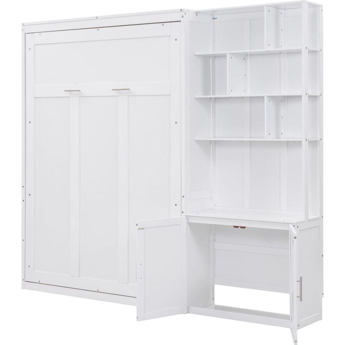 Full Size Murphy Bed with Multiple Storage Shelves and A Cabinet, White