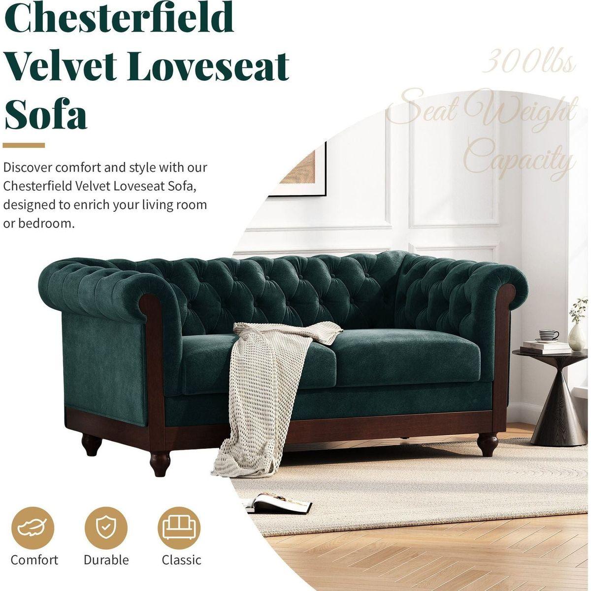 VIVALUX 59.44" Chesterfield Velvet Loveseat Sofa,2-Person Rolled Arm Dutch Plush Upholstered Sofa Couch with Tufted Button for Living Room, Bedroom, Small Places,Forest Green