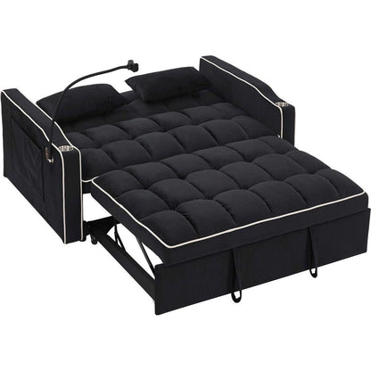 55.51 inch versatile foldable sofa bed in 3 lengths, modern sofa sofa sofa velvet pull-out bed, adjustable back and with USB port and ashtray and swivel phone stand (Black)