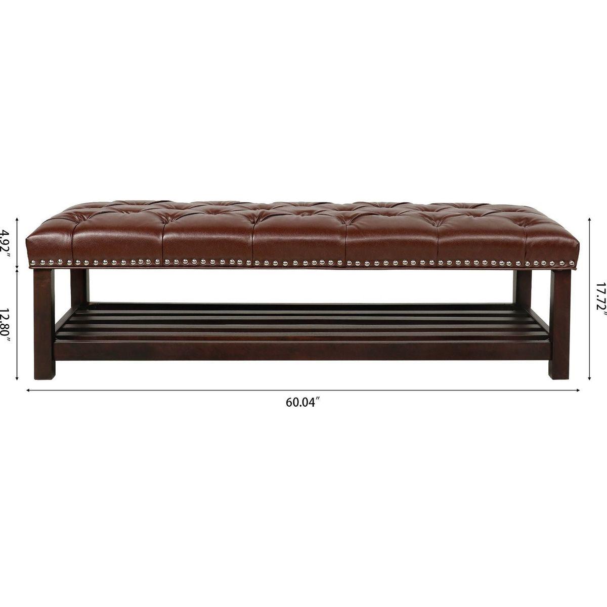 Bedroom End of Bed Bench Tufted Upholstered End of Bed Bench End of Bed Entrance Shoe Bench, 60" with Nailhead Trim and Shelf Bedroom Upholstered Leather Bench Living Room Shoe Rack Footstool (brown)