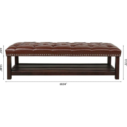 Bedroom End of Bed Bench Tufted Upholstered End of Bed Bench End of Bed Entrance Shoe Bench, 60" with Nailhead Trim and Shelf Bedroom Upholstered Leather Bench Living Room Shoe Rack Footstool (brown)