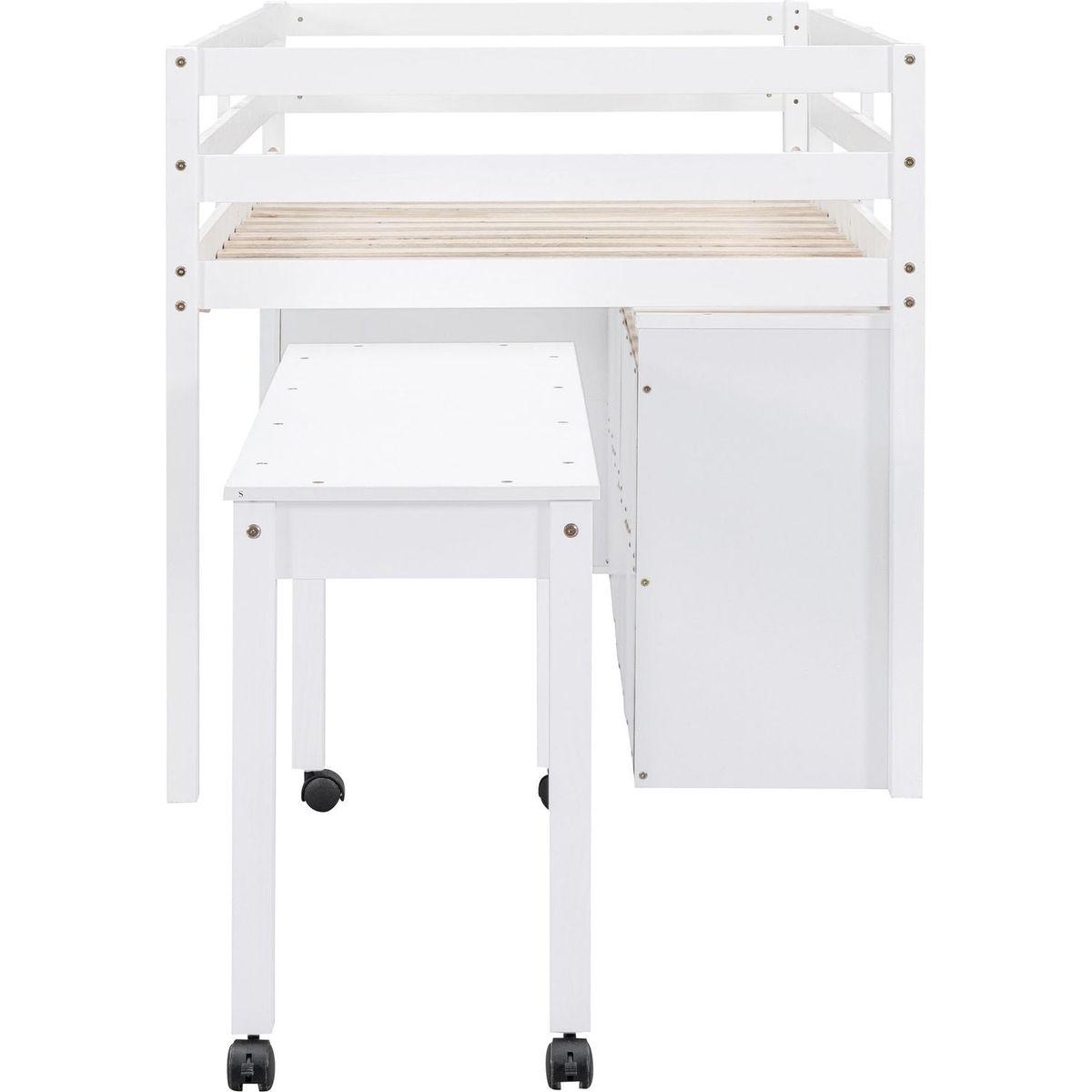Twin Size Loft Bed with Retractable Writing Desk and 4 Drawers, Wooden Loft Bed with Lateral Portable Desk and Shelves, White