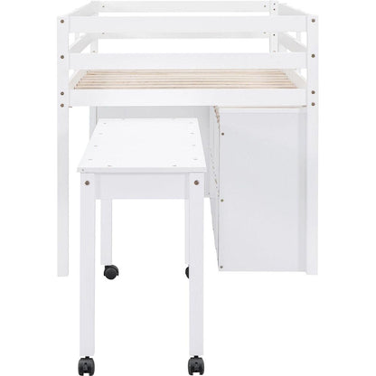 Twin Size Loft Bed with Retractable Writing Desk and 4 Drawers, Wooden Loft Bed with Lateral Portable Desk and Shelves, White