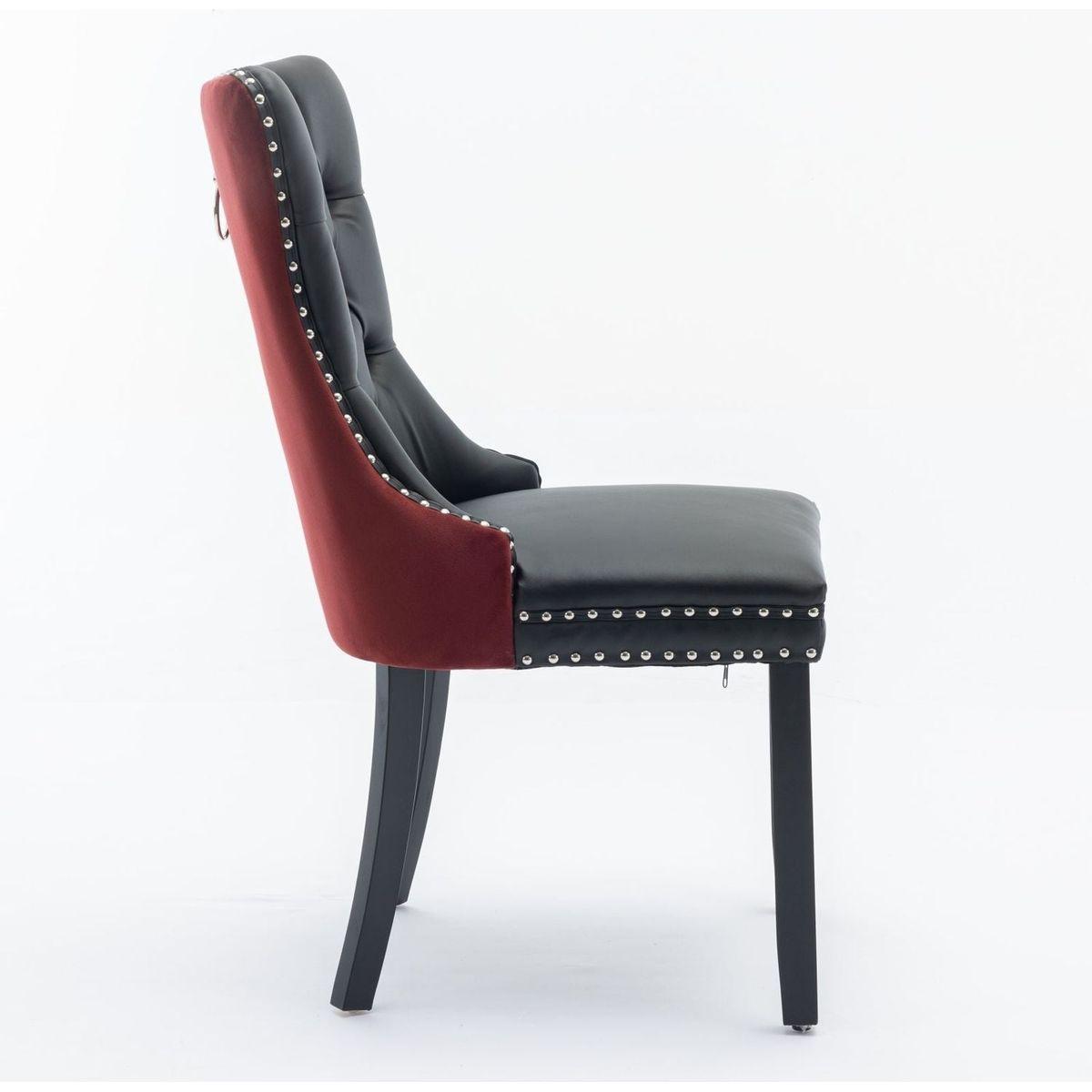 Nikki Collection Modern, High-end Tufted Solid Wood Contemporary PU and Velvet Upholstered Dining Chair with Wood Legs Nailhead Trim 2-Pcs Set, Black+WineRed, Burgundy