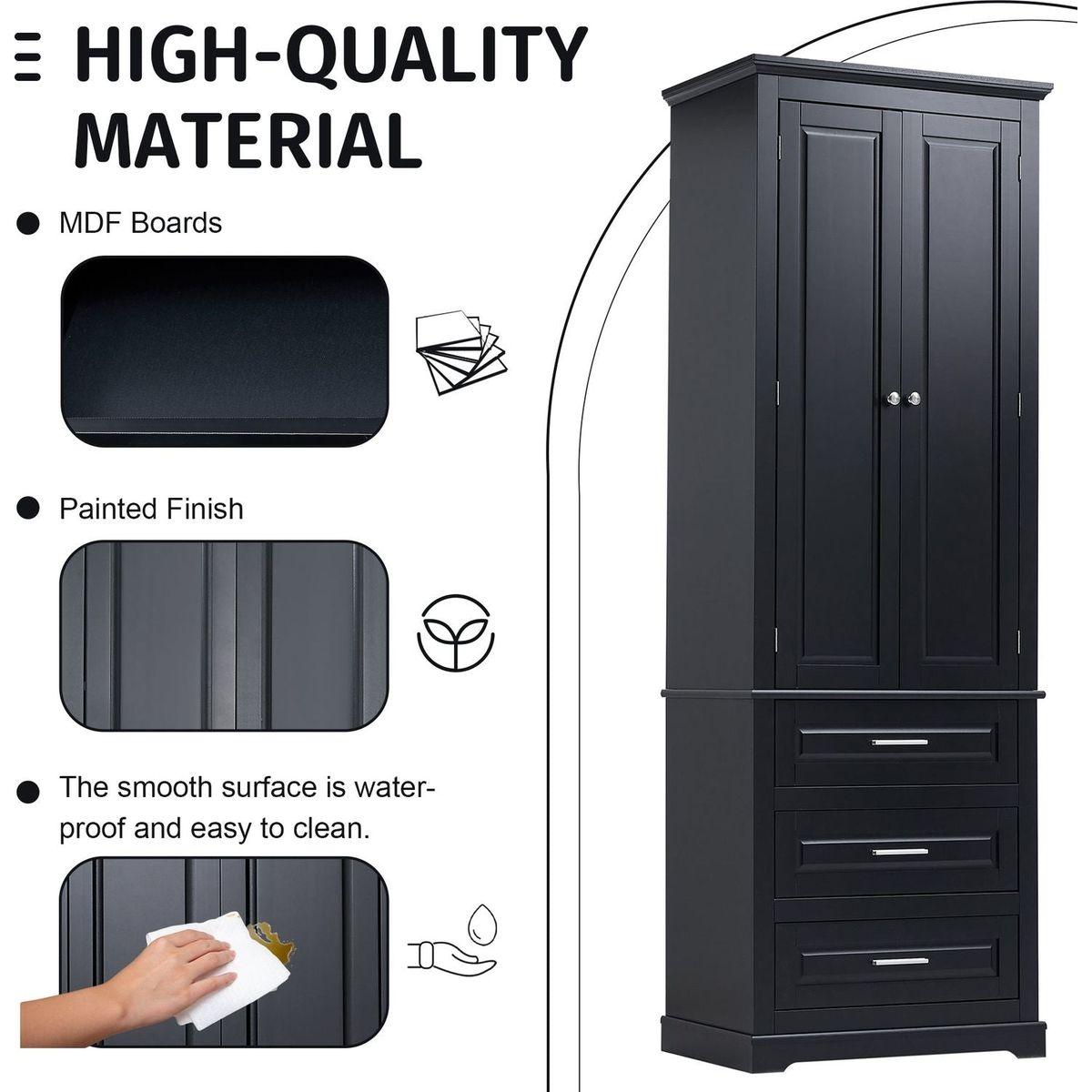 Tall Storage Cabinet with Three Drawers for Bathroom/Office, Black