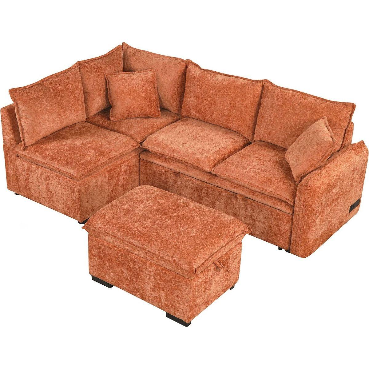 82.67"Convertible Sofa Bed Sectional Sofa Sleeper L-shaped Sofa with a Storage Ottoman,Two Pillows, Two Power Sockets and Two USB Ports for Living Room, Orange