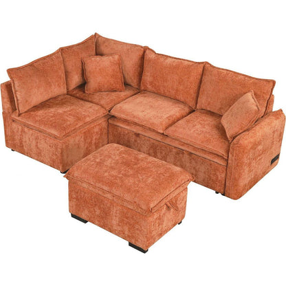 82.67"Convertible Sofa Bed Sectional Sofa Sleeper L-shaped Sofa with a Storage Ottoman,Two Pillows, Two Power Sockets and Two USB Ports for Living Room, Orange
