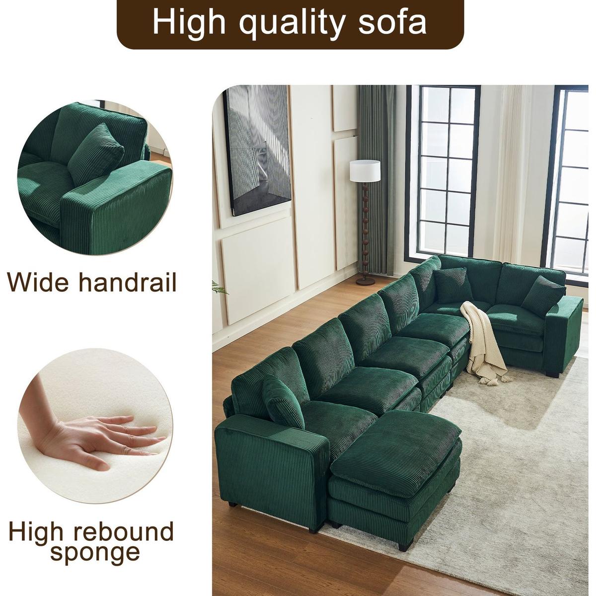 Modern U Shaped 6-seat Sectional Sofa Couch with one Ottoman and three toss pillows, Modular Sofa for Living Room,Corduroy sofa
