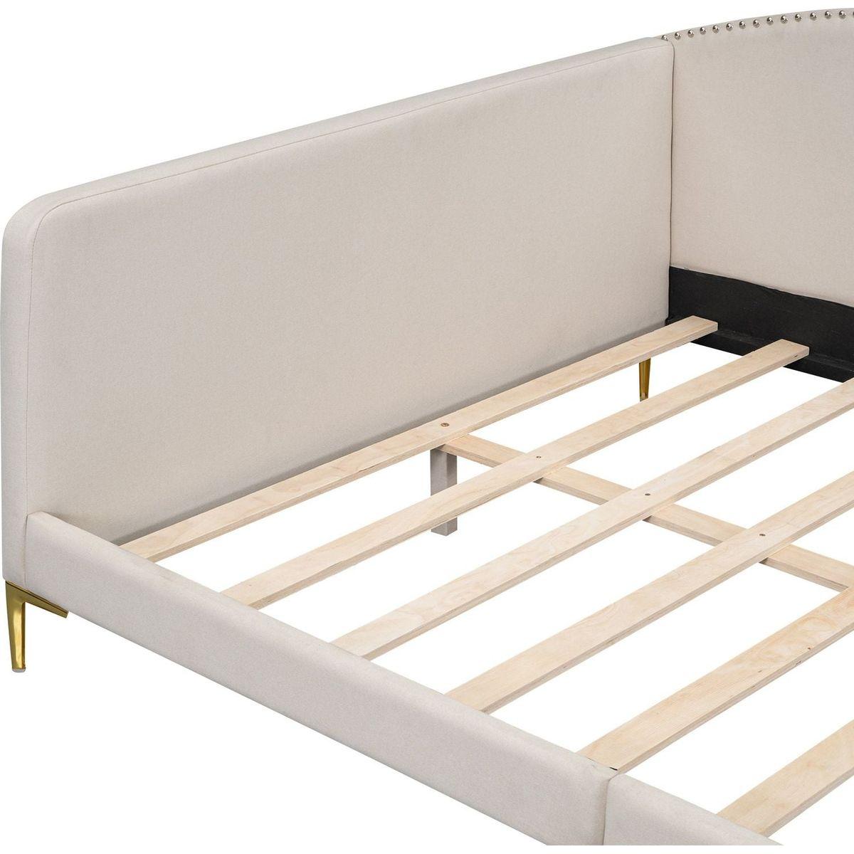 Full Size Upholstered Daybed with Headboard and Armrest, Support Legs, Beige