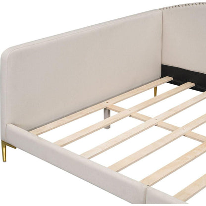 Full Size Upholstered Daybed with Headboard and Armrest, Support Legs, Beige
