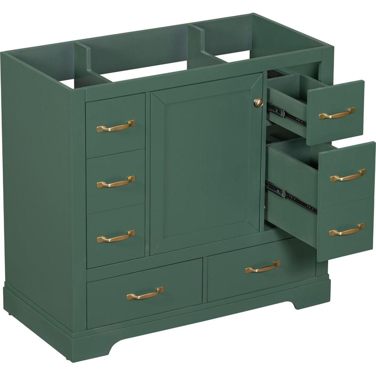 36" Bathroom Vanity without Sink, Cabinet Base Only, Six Drawers, Multi-Functional Drawer Divider, Adjustable Shelf, Green