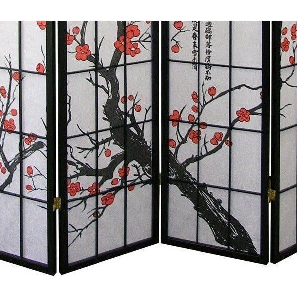Black Japanese 4-Panel Screen Room Divider, Plum Blossom