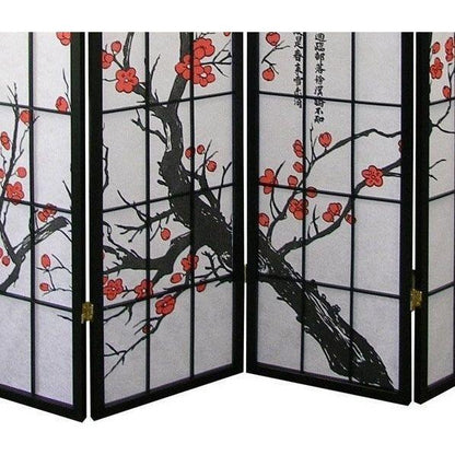 Black Japanese 4-Panel Screen Room Divider, Plum Blossom
