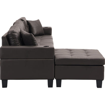 Sectional Sofa Set for Living Room with L Shape Chaise Lounge, cup holder and Left or Right Hand Chaise Modern 4 Seat (Chocolate brown)