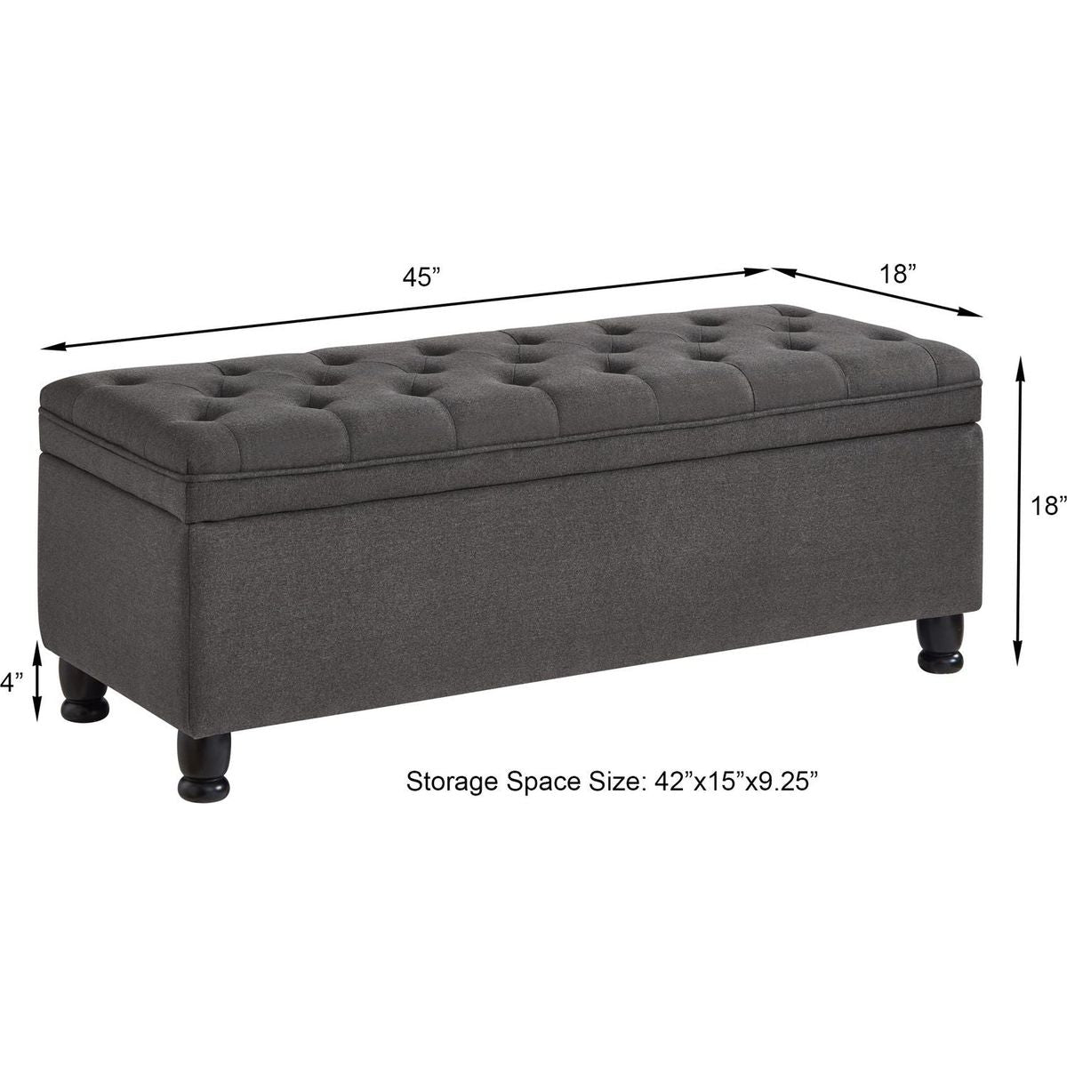 Upholstered tufted button storage bench, Linen fabric entry bench with spindle wooden legs, Bed bench- Dark Gray