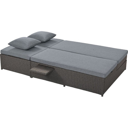 Outdoor Double Sunbed, Wicker Rattan Patio Reclining Chairs with Adjustable Backrest and Seat, Conversational Set for 2 Person, Gray