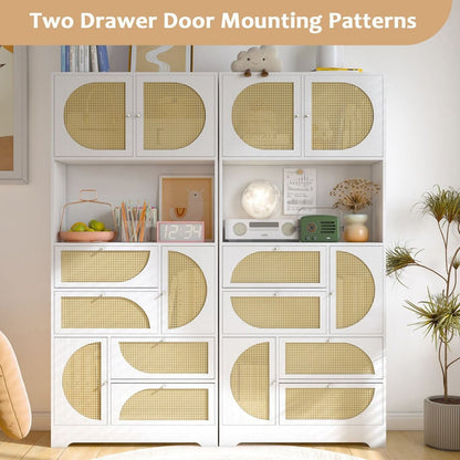 Storage Cabinet with Rattan Doors, Tall Freestanding Hutch Cabinet with Power Outlet,4 cabinet door and 4 Drawers& 1 Large Countertop, Buffet Drawer Cabinet door design