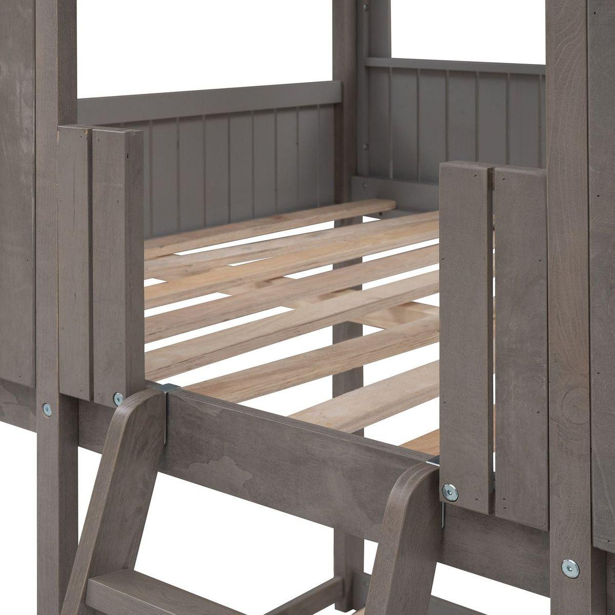Full Over Full WoodBunk Bed with Roof, Window, Guardrail, Ladder(Antique Gray)