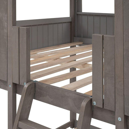 Full Over Full WoodBunk Bed with Roof, Window, Guardrail, Ladder(Antique Gray)
