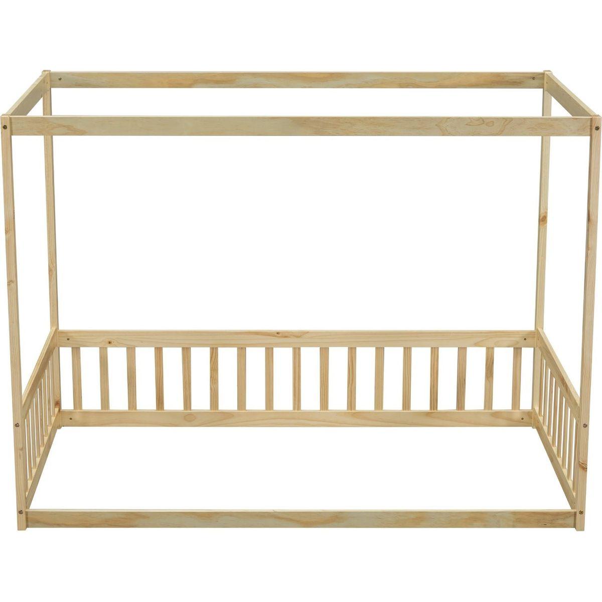 Twin Size Canopy Frame Floor Bed with Fence, Guardrails,Natural