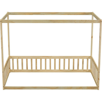 Twin Size Canopy Frame Floor Bed with Fence, Guardrails,Natural