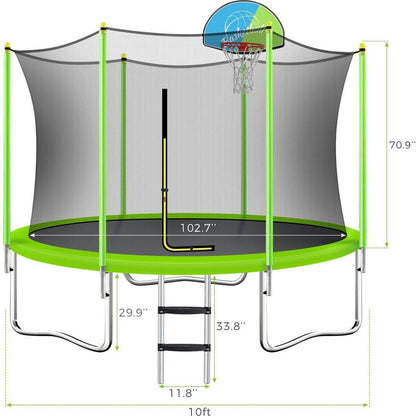 10FT Trampoline for Kids with Safety Enclosure Net, Basketball Hoop and Ladder, Easy Assembly Round Outdoor Recreational Trampoline