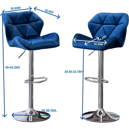 Breni Velvet Diamond Tufted Swivel Adjustable Height Barstool, Set of 2, Gray
