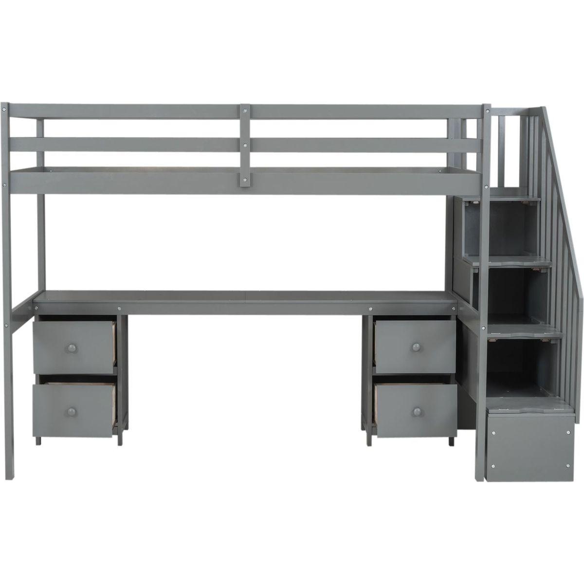 Twin Size Loft Bed Frame with Built-in Desk and Double Storage Drawers,Gray
