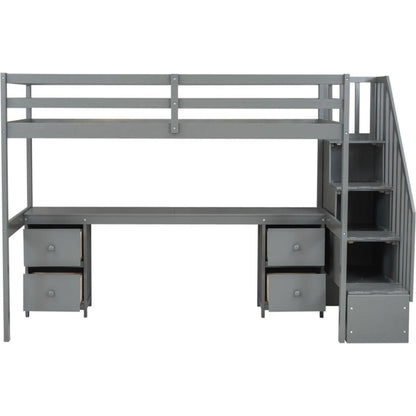 Twin Size Loft Bed Frame with Built-in Desk and Double Storage Drawers,Gray